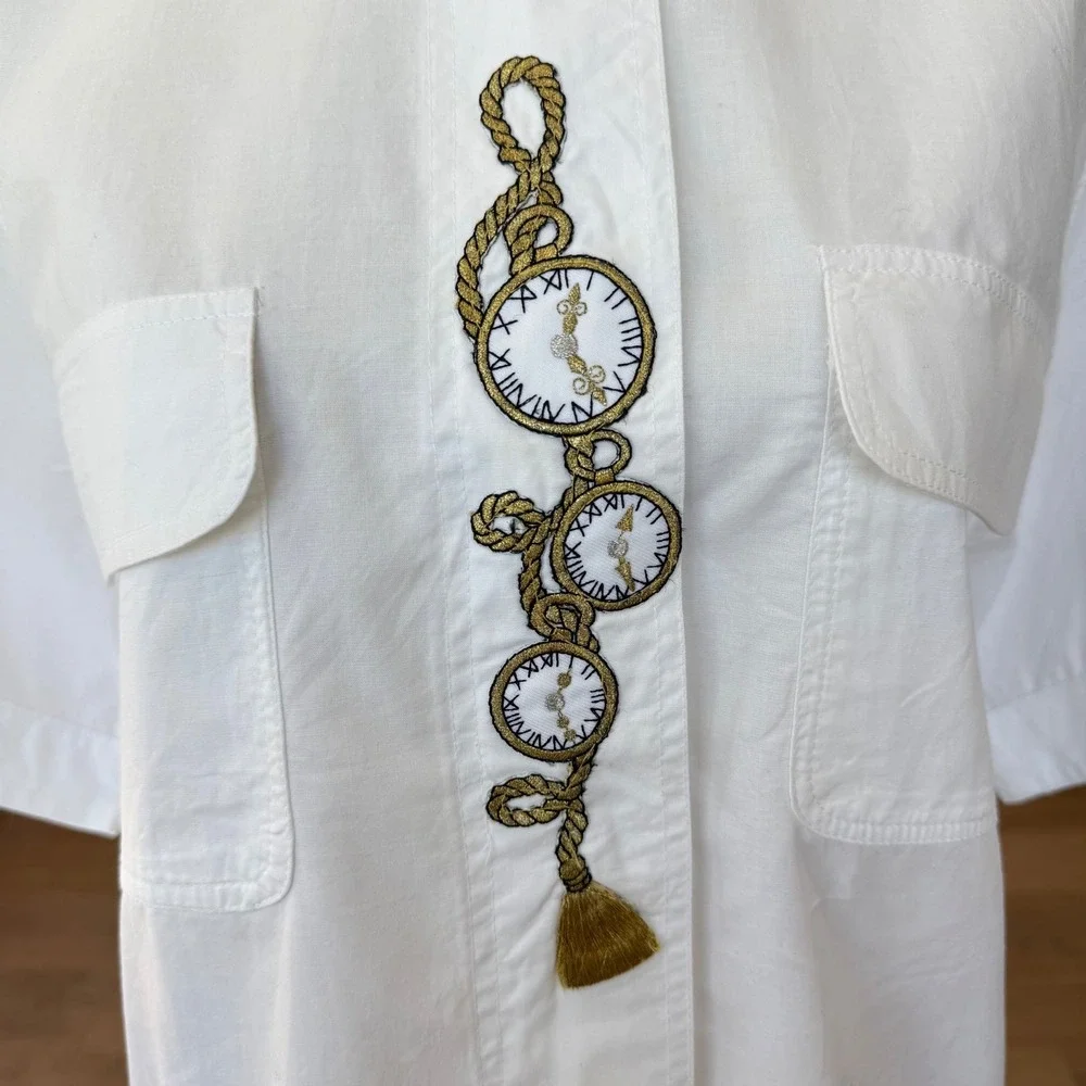 Vintage Gottex‎ White Short Sleeve Button Up Shirt Pocket Watch Embroidery L